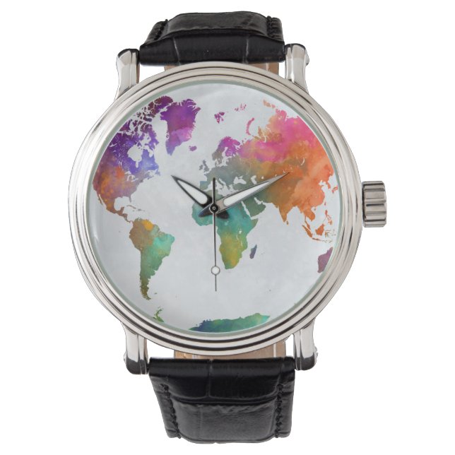 Reloj De Pulsera Mapa Mundial En Acuarela (Anverso)