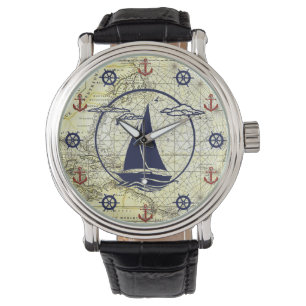 Reloj De Pulsera Mapa/velero/silueta de anclaje/rueda