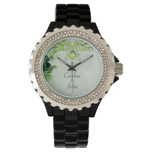 Reloj De Pulsera Maravilloso diseño floral verde. (Anverso)