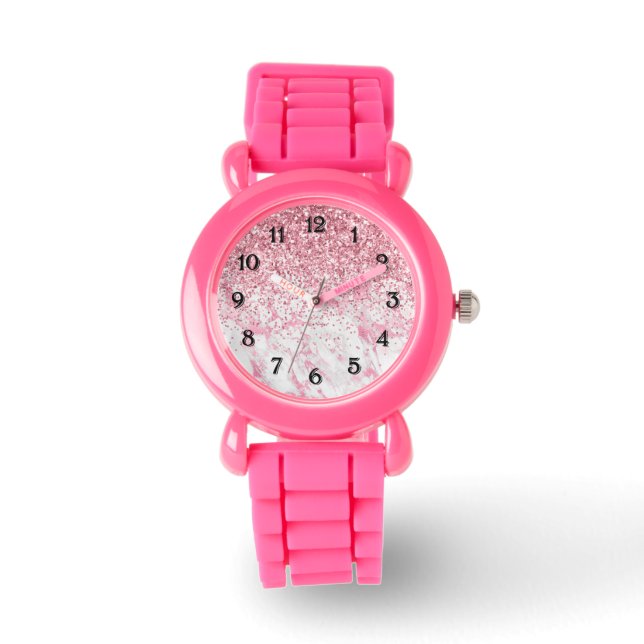 Reloj De Pulsera Marble blanco rosado Glitzy Purpurina Sparkle (Anverso)