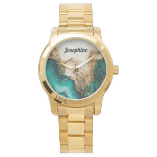 Reloj De Pulsera Marble verde oro Purpurina tipografía elegante