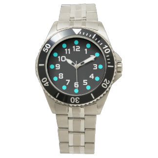 Reloj De Pulsera Marcadores de punto - Cyan y Blanco sobre Negro