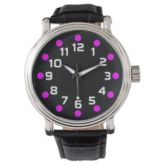 Reloj De Pulsera Marcadores de punto - Magenta y Blanco sobre Negro