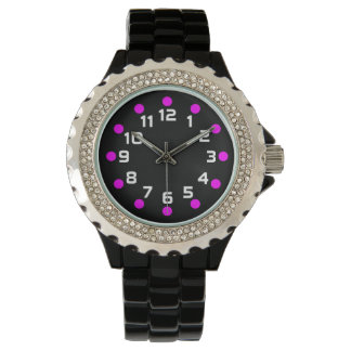 Reloj De Pulsera Marcadores de punto - Magenta y Blanco sobre Negro