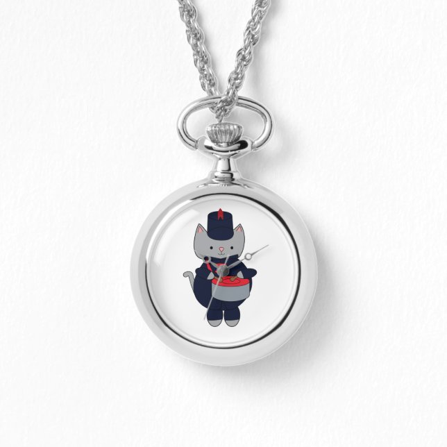 Reloj De Pulsera Marching Band Drummer Cat Navy Blue Red (Anverso)