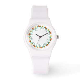 Reloj De Pulsera Marco redondo floral con flor rosa amarilla y roja