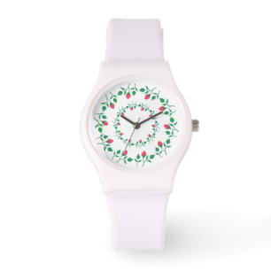 Reloj De Pulsera Marco redondo floral con flores rosadas