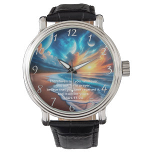 Reloj De Pulsera Marcos 11:24 Cruz Puesta de sol Océano Tranquilo