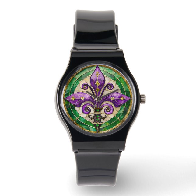 Reloj De Pulsera Mardi Gras Sained Glass Fleur de lis (Anverso)