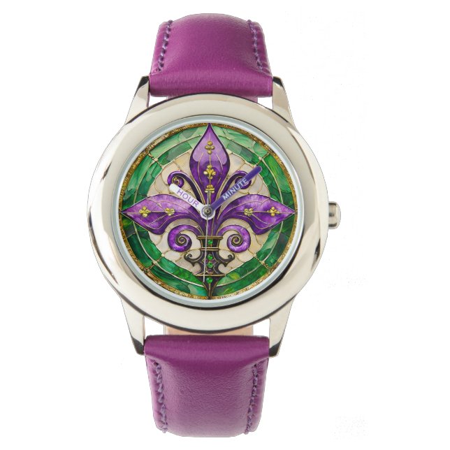 Reloj De Pulsera Mardi Gras Sained Glass Fleur de lis (Anverso)