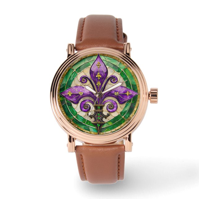 Reloj De Pulsera Mardi Gras Sained Glass Fleur de lis (Anverso)