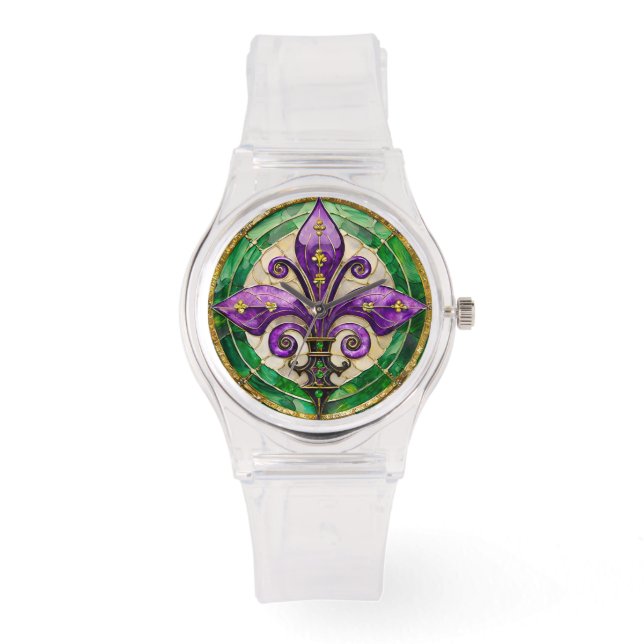 Reloj De Pulsera Mardi Gras Sained Glass Fleur de lis (Anverso)