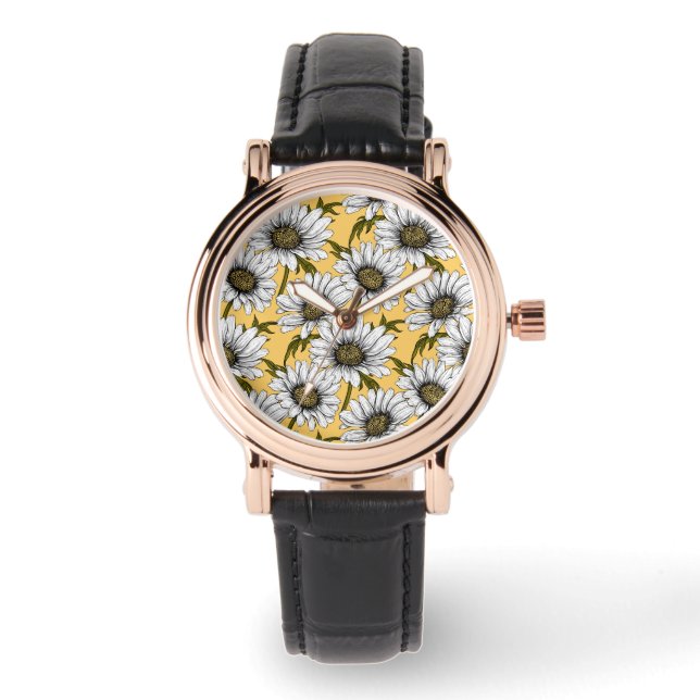 Reloj De Pulsera Marinas blancas, flores silvestres en amarillo (Anverso)