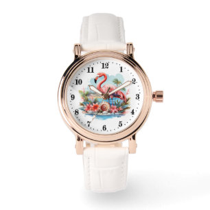 Reloj De Pulsera Marinas de flamencos rosados en la playa