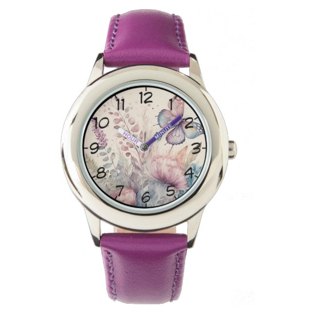 Reloj De Pulsera Mariposa acuarela y floral (Anverso)