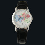 Reloj De Pulsera Mariposa acuarela y flores Monograma elegante<br><div class="desc">Bonito acuarela flor y arte mariposa.</div>
