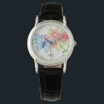 Reloj De Pulsera Mariposa acuarela y flores Monograma elegante<br><div class="desc">Bonito acuarela flor y arte mariposa.</div>