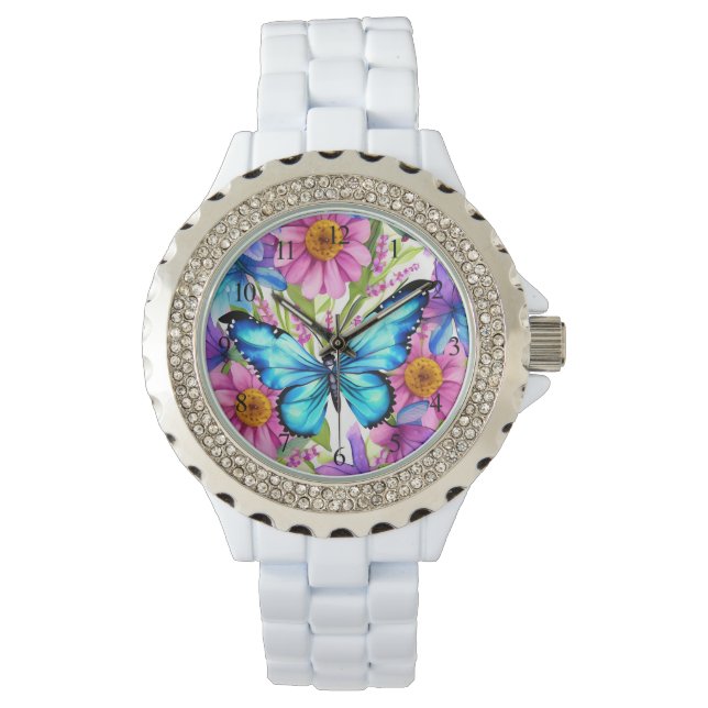 Reloj De Pulsera Mariposa azul en un campo de flores (Anverso)