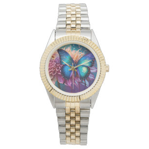 Reloj De Pulsera Mariposa azul y Dahlia