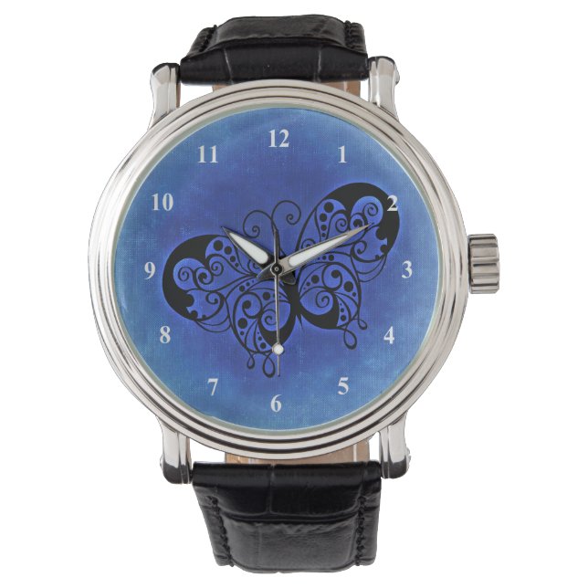 Reloj De Pulsera Mariposa brillante en fondo de denim azul (Anverso)