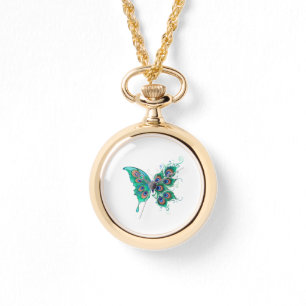 Reloj De Pulsera Mariposa con plumas de pavo real verde
