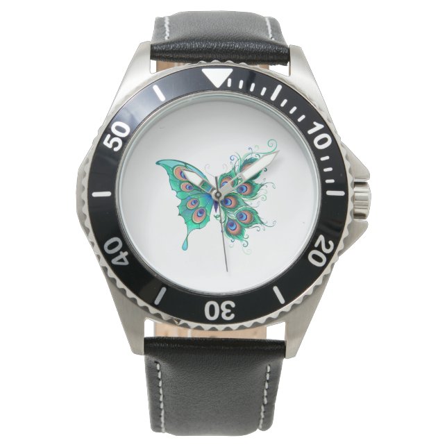 Reloj De Pulsera Mariposa con plumas de pavo real verde (Anverso)