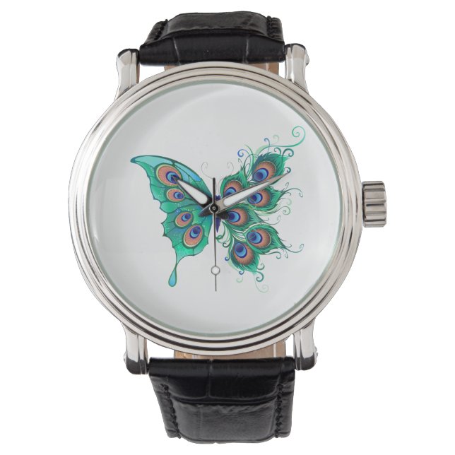 Reloj De Pulsera Mariposa con plumas de pavo real verde (Anverso)