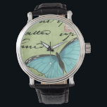 Reloj De Pulsera Mariposa de ala azul en postal Verde azulada<br><div class="desc">Esta postal verde azulada lleva un mensaje de belleza. Una delicada mariposa de ala azul descansa sobre la tarjeta, oscureciendo parte del guión que contiene. Esta impresión de Vision Studio le haría una gran adición a su hogar!</div>