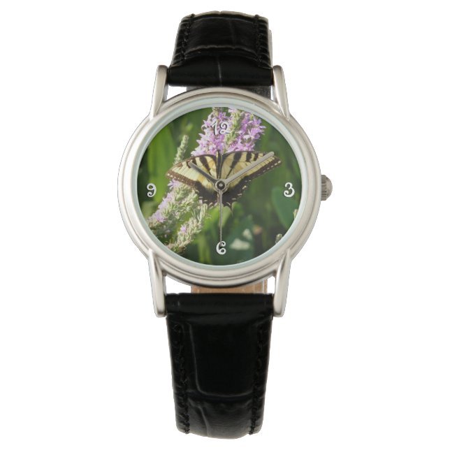 Reloj De Pulsera Mariposa de cola cruda sobre flores silvestres mor (Anverso)