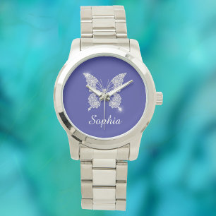 Reloj De Pulsera Mariposa de diamante blanco, nombre de guión, azul