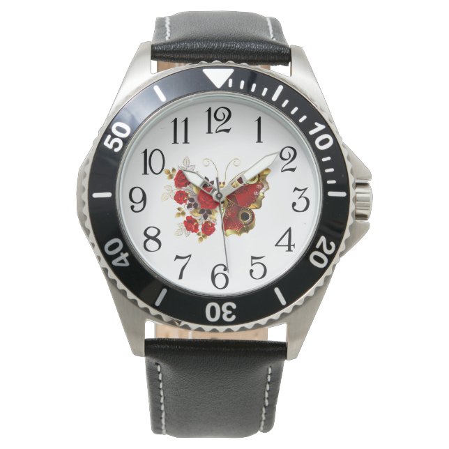 Reloj De Pulsera Mariposa de flor roja con rosas rojas (Anverso)