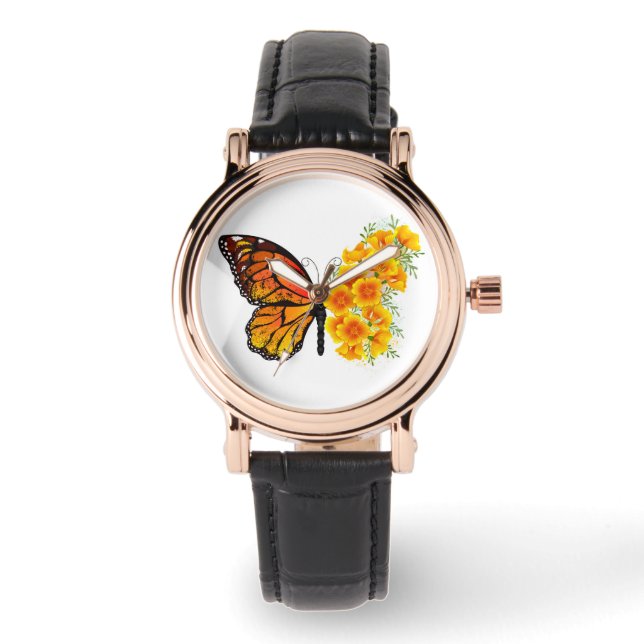 Reloj De Pulsera Mariposa de flores con amapola amarilla de Califor (Anverso)