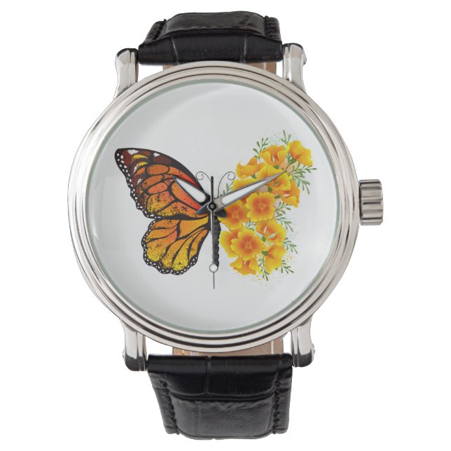 Reloj De Pulsera Mariposa de flores con amapola amarilla de Califor (Anverso)