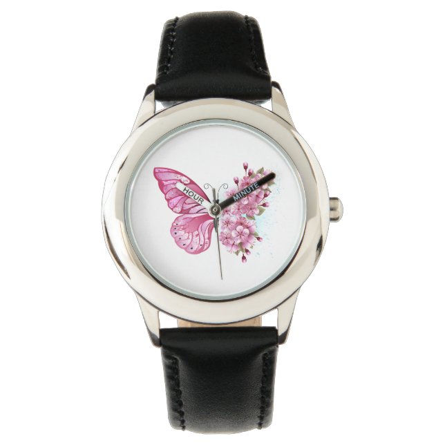 Reloj De Pulsera Mariposa de flores con Sakura rosa (Anverso)
