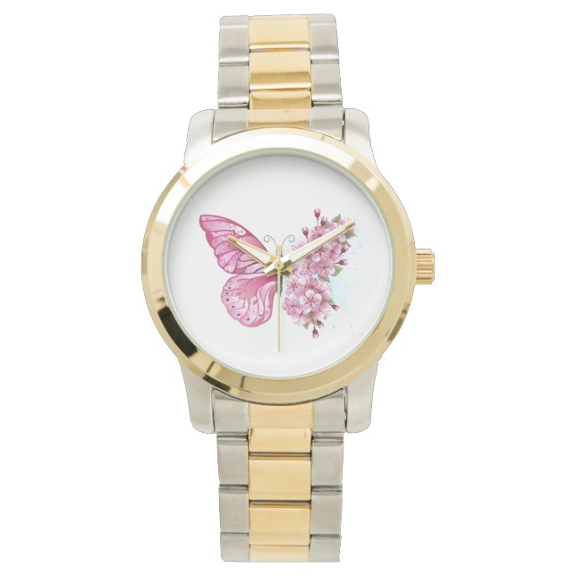 Reloj De Pulsera Mariposa de flores con Sakura rosa (Anverso)
