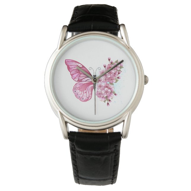 Reloj De Pulsera Mariposa de flores con Sakura rosa (Anverso)