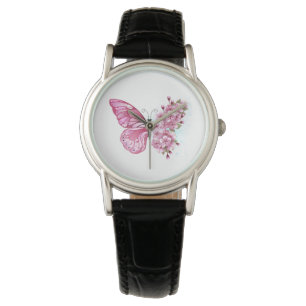 Reloj De Pulsera Mariposa de flores con Sakura rosa