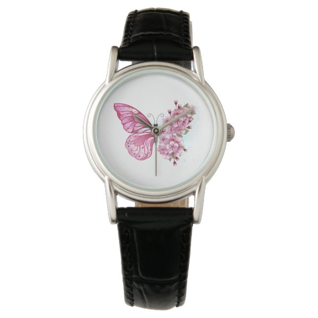 Reloj De Pulsera Mariposa de flores con Sakura rosa (Anverso)