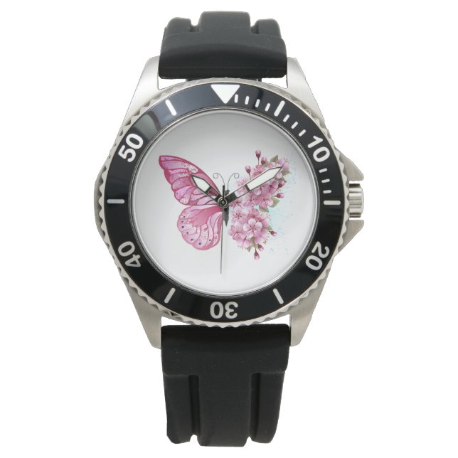 Reloj De Pulsera Mariposa de flores con Sakura rosa (Anverso)