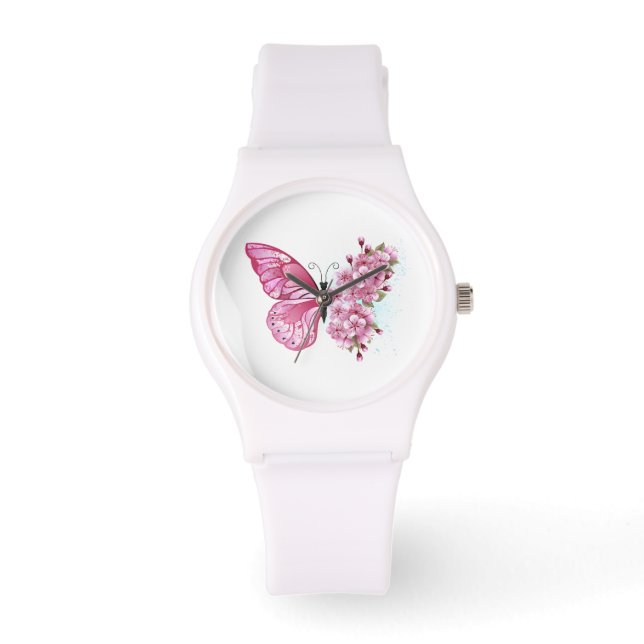 Reloj De Pulsera Mariposa de flores con Sakura rosa (Anverso)