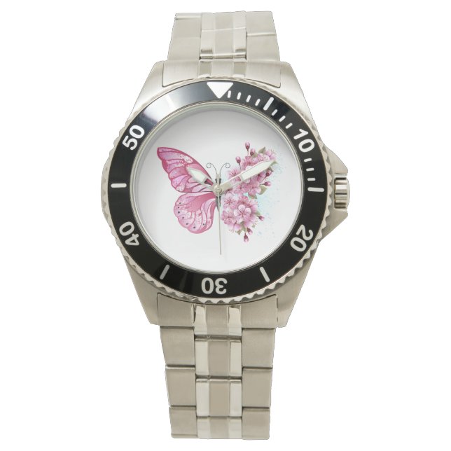 Reloj De Pulsera Mariposa de flores con Sakura rosa (Anverso)