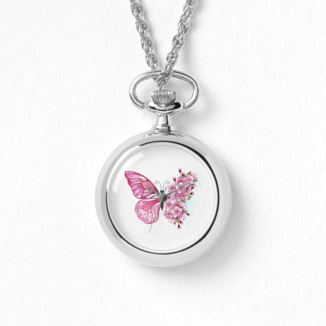 Reloj De Pulsera Mariposa de flores con Sakura rosa (Anverso)