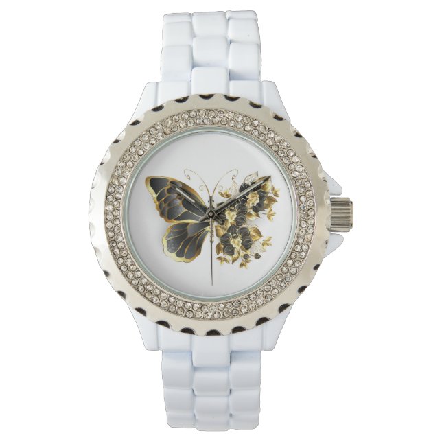 Reloj De Pulsera Mariposa de flores de oro con orquídea negra (Anverso)