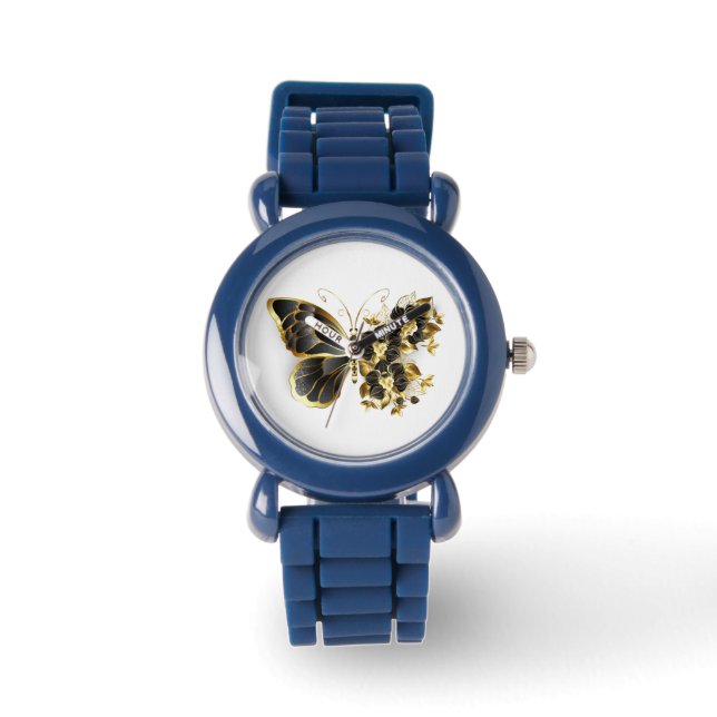 Reloj De Pulsera Mariposa de flores de oro con orquídea negra (Anverso)