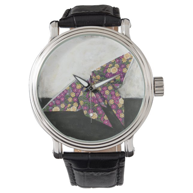 Reloj De Pulsera Mariposa de origami sobre papel floral (Anverso)