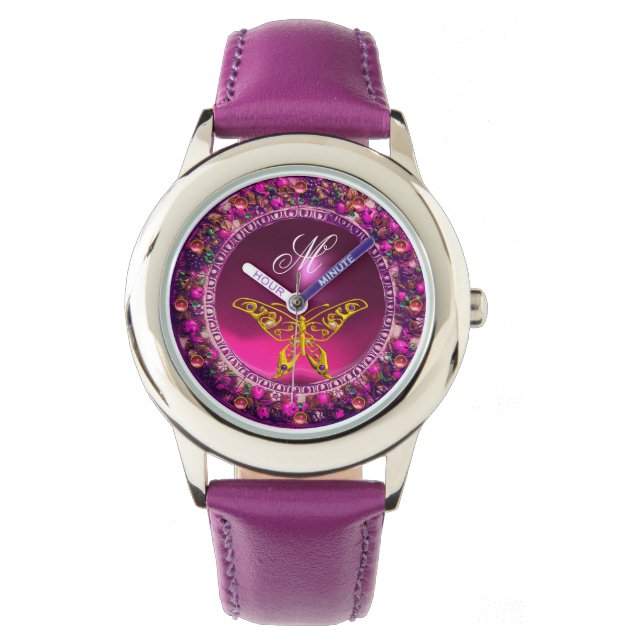 RELOJ DE PULSERA MARIPOSA DE ORO CRUDO DE ROSA ROSA PURPLE FLORAL,  (Anverso)
