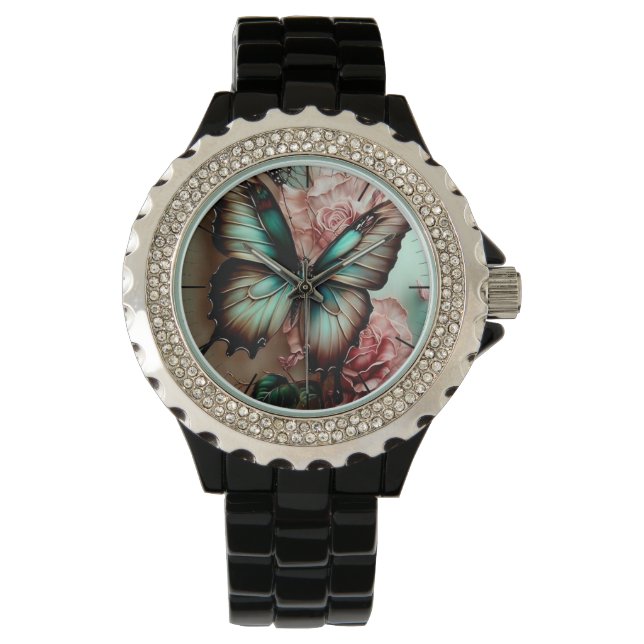 Reloj De Pulsera Mariposa Diamante de imitación y flores (Anverso)