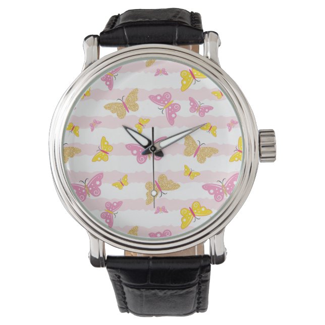 Reloj De Pulsera Mariposa dorada y rosa (Anverso)