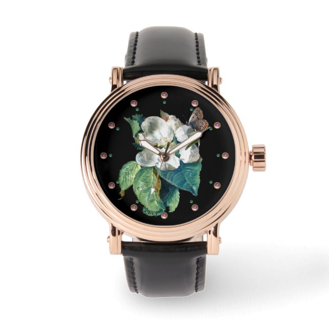 RELOJ DE PULSERA MARIPOSA EN FLORES BLANCOS, FLORAL NEGRO (Anverso)