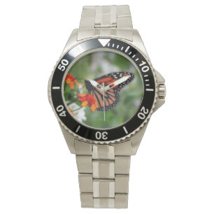 Reloj De Pulsera Mariposa monarca en Naranja y Lantana Roja
